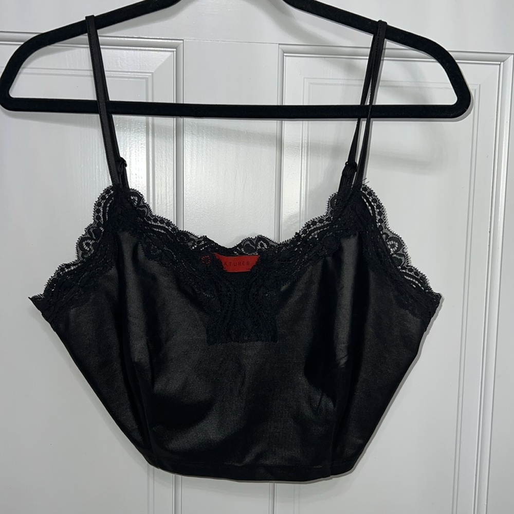 Women’s Lace Shiny Leather/Satin Look Crop Top
